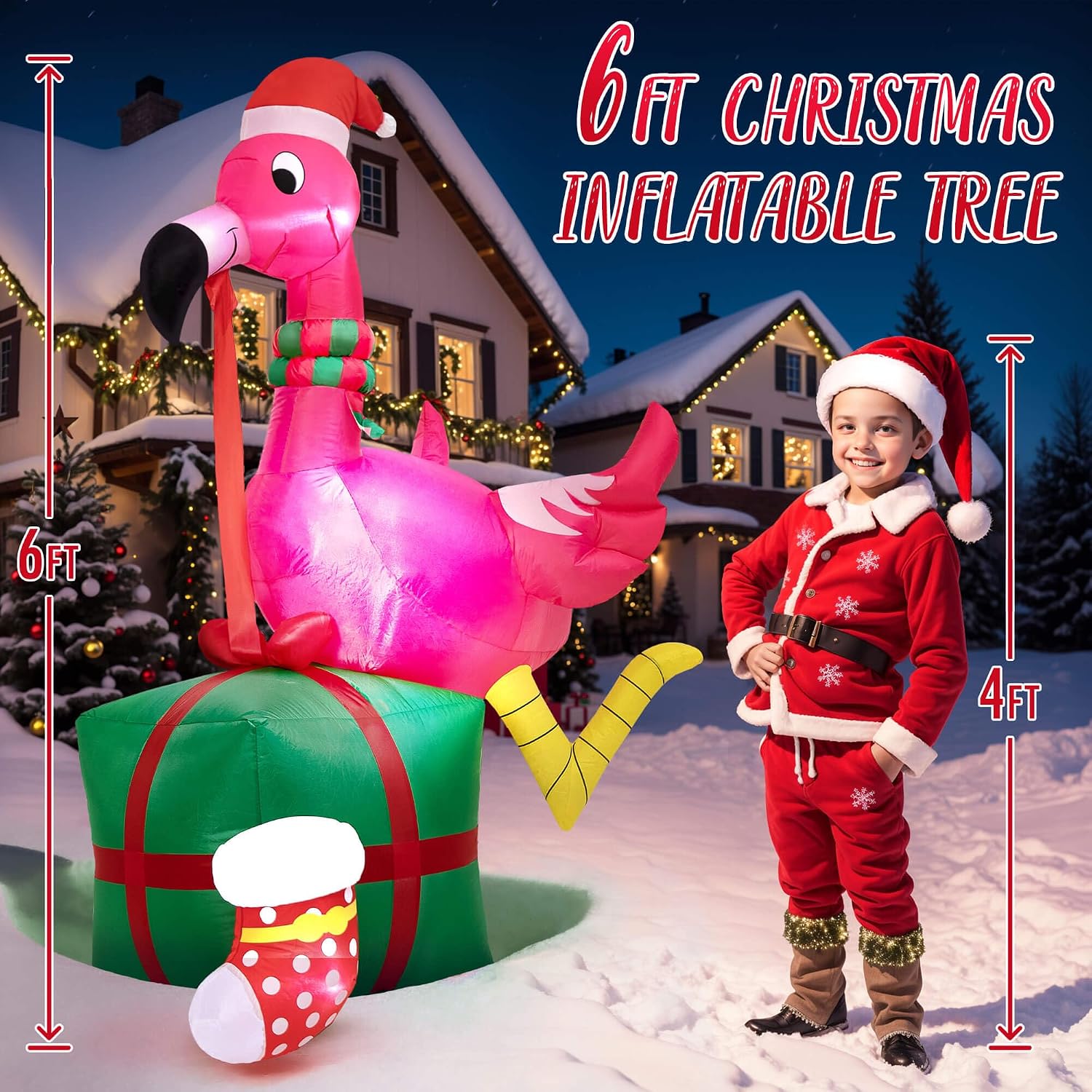 Christmas Inflatables Outdoor Decorations - 6FT Christmas Blow Up Flamingo LED Lights with Gift Box & Christmas