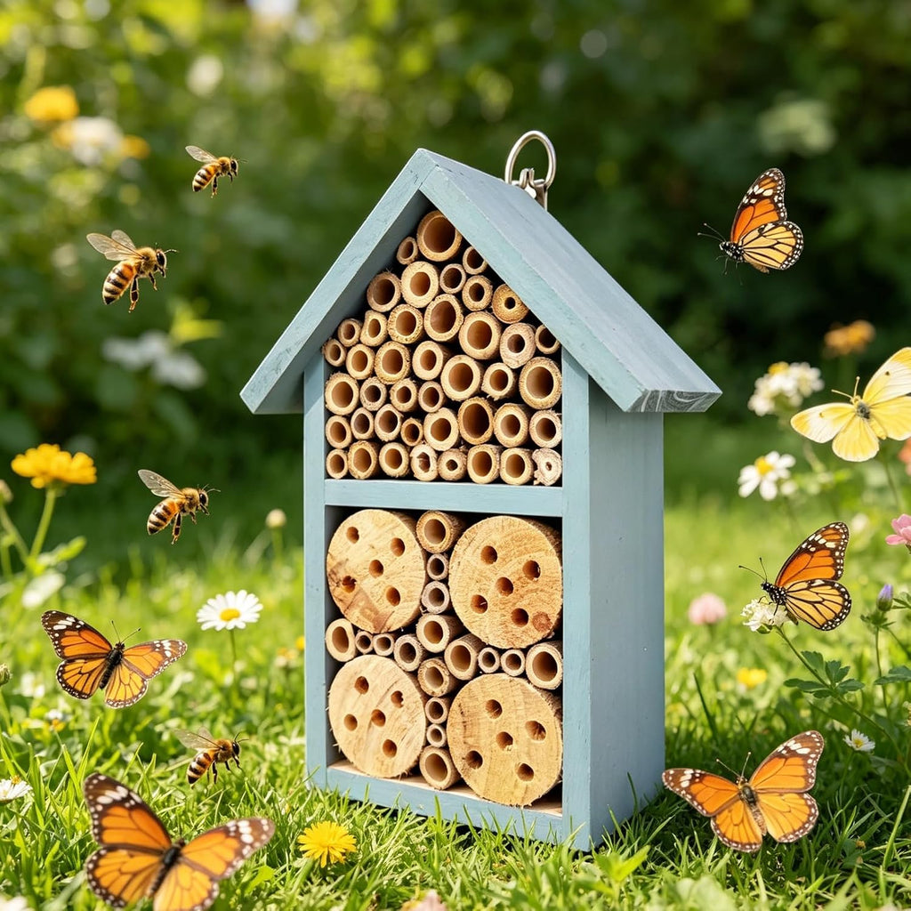 Hanging Bee House Wooden Insect House 9inch–Small Solitary Bee Hive for Garden, Beneficial Insect Habitat for