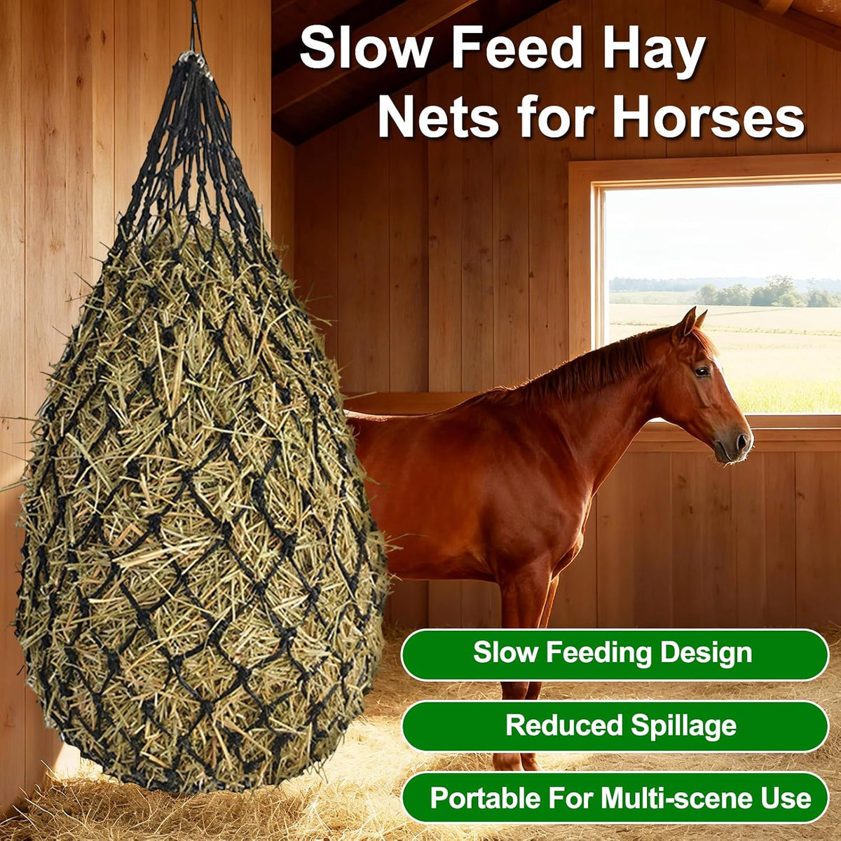 Hay Bags for Horses, 2 Pack Hay Nets for Horses Slow Feed, Goats, Livestock, 40" Large Opening Polyester Rope Hay