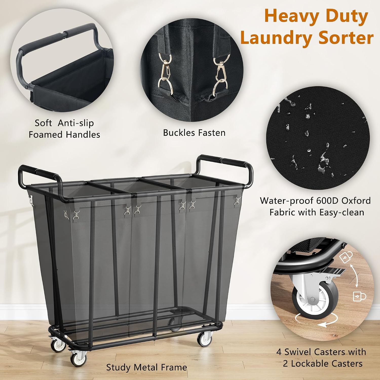 3 Section Heavy Duty Laundry Sorter Cart with Wheels, 360L, Black | Rolling Laundry Hamper Sorter Cart, Extra Large