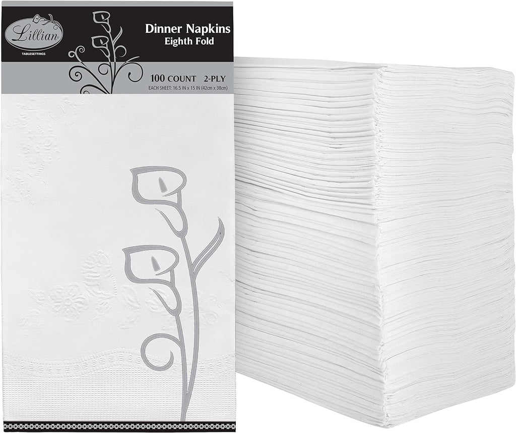 Premium White Napkins, 1/8 Fold Dinner Napkin, Disposable 2-Ply White Party Napkins, Value Pack 100 Count