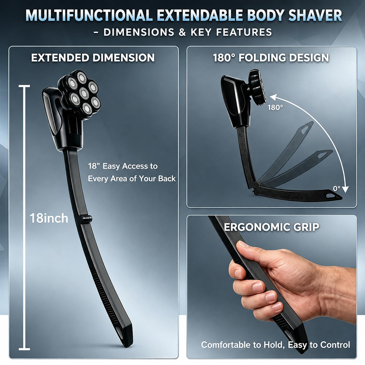 6-in-1 Back Shaver for Men, Body Groomer, Foldable Handle