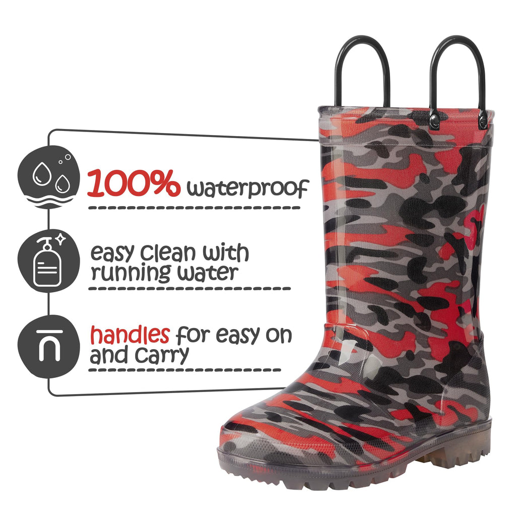 Kid Light up Rain Boot, Black/Red Camouflage