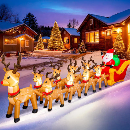 14 FT Christmas Inflatables Outdoor Decorations, Santa Claus Sleigh and 9 Reindeers Inflatable Xmas Blow up Yard