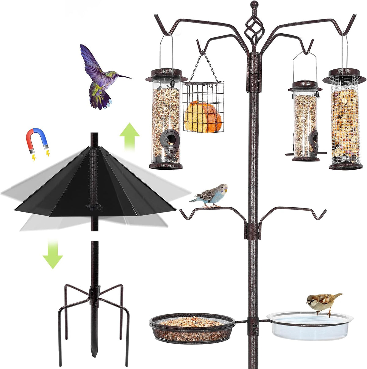 6-Hook Bird Feeding Station with 19" Metal Squirrel Baffle, 94 Inch