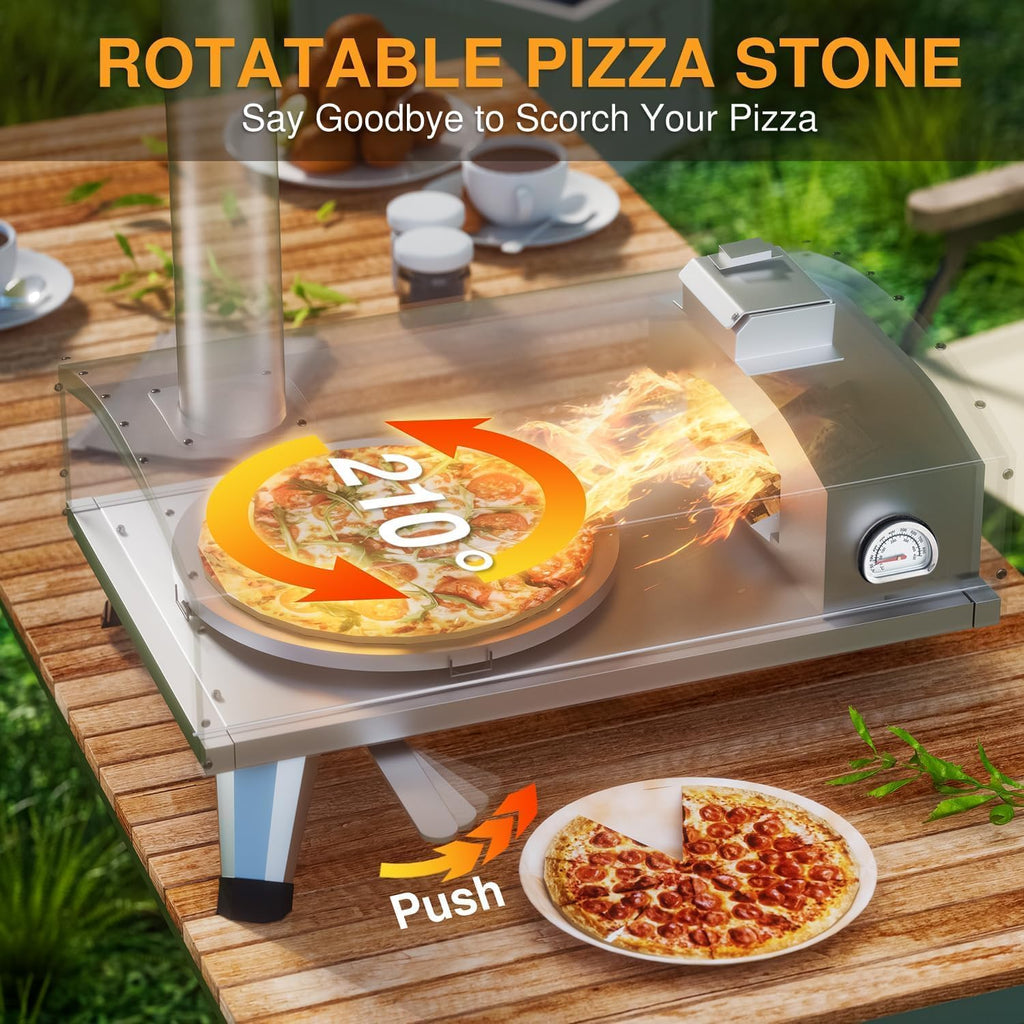 12” Portable Wood Fired Pizza Oven - Stainless Steel Pellet Pizza Stove with Rotating Stone for Outdoor Cooking