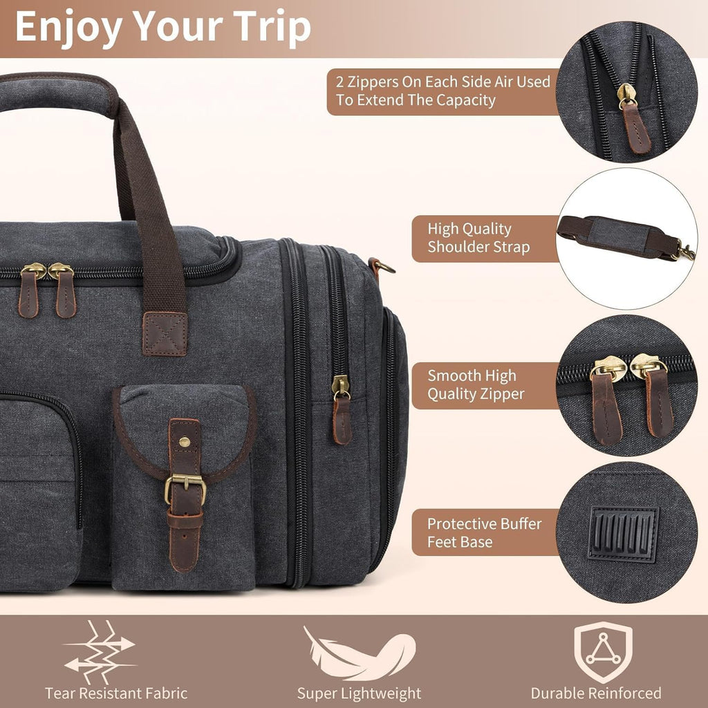 Mens Duffle Bag for Travel 60L Expandable Canvas Weekender Overnight Travel Duffel Bag with Shoe Compartment Carry-On