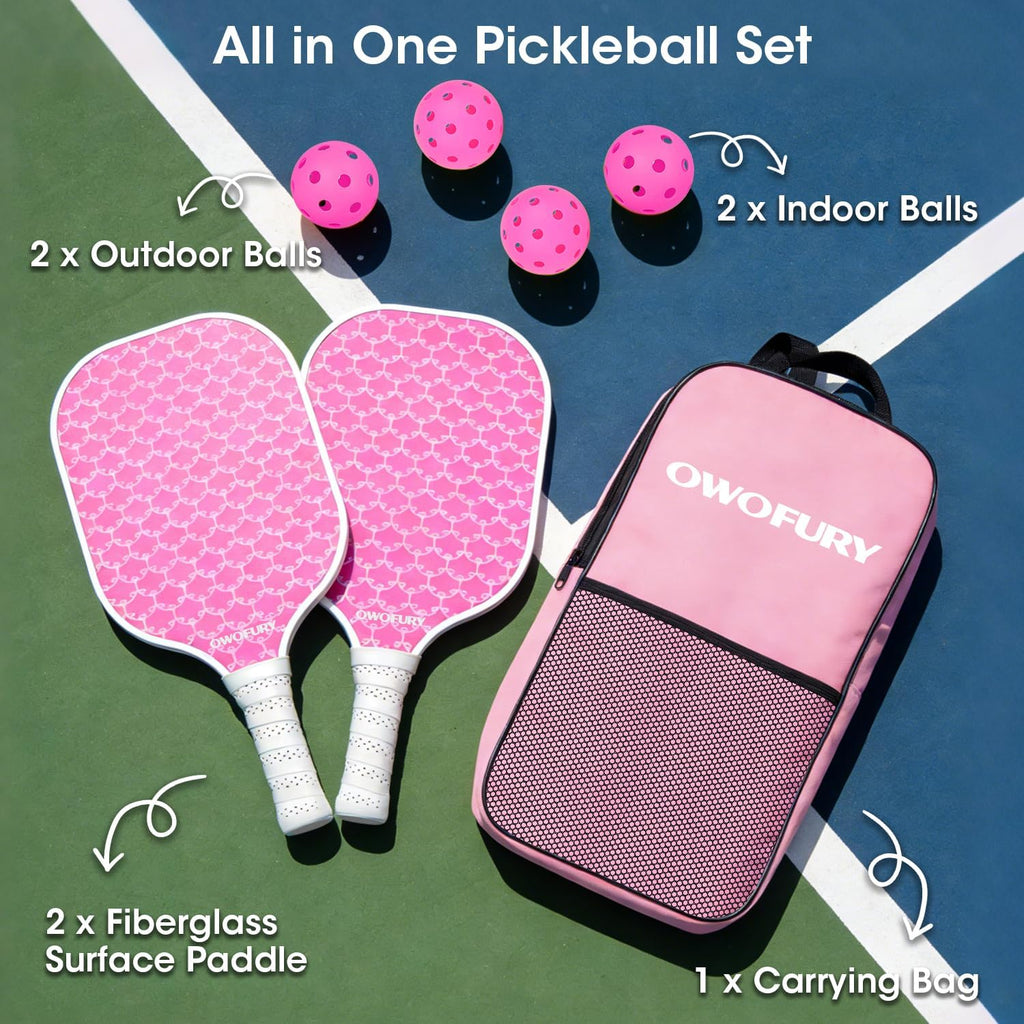 Fiberglass Pickleball Paddles Set of 2, Pickle Ball Racket Lightweight Honeycomb Core Control Paddle, with 4 Indoor