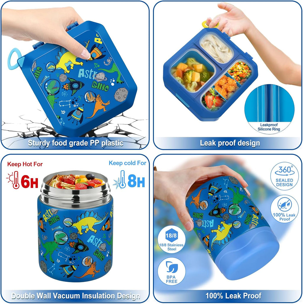 Bento Lunch Box for Kids with 12oz Soup Thermo Leak-Proof Lunch Food Container with 5 Compartment Thermo Hot Food Jar