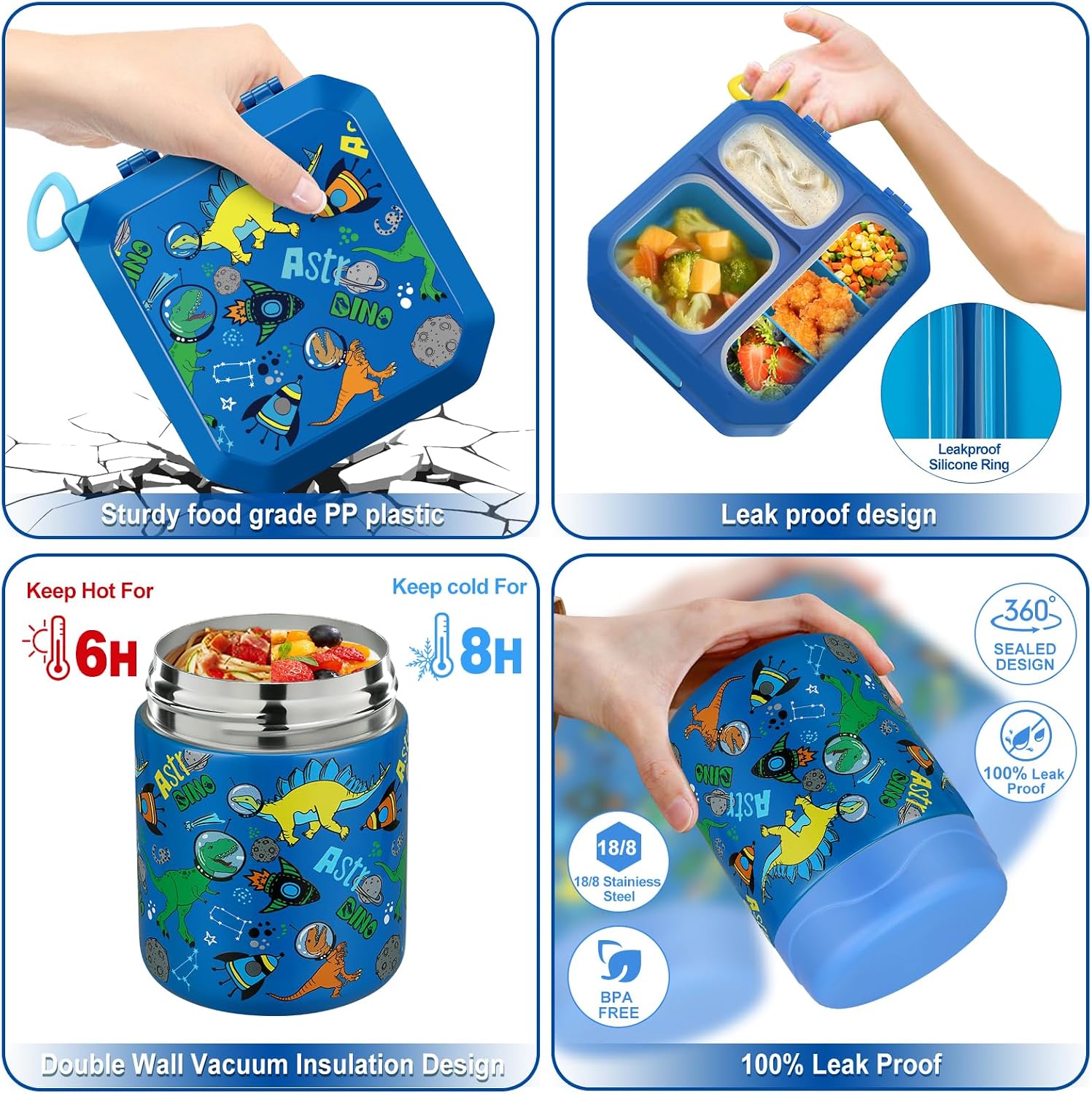 Bento Lunch Box for Kids with 12oz Soup Thermo Leak-Proof Lunch Food Container with 5 Compartment Thermo Hot Food Jar