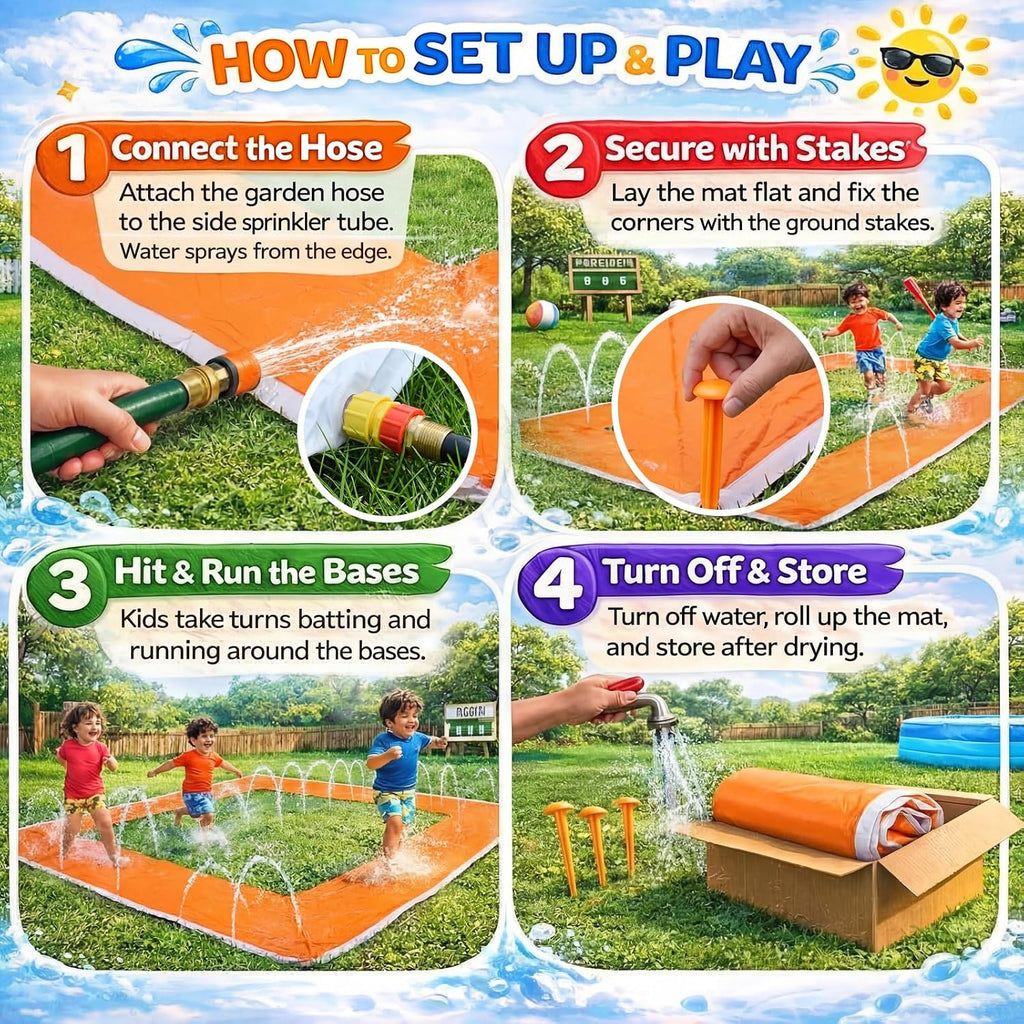 Baseball Water Slide Set 13 ft Water Slide Game Toys for Kids Summer Outdoor Backyard with Fixed Piles Baseball Bat &