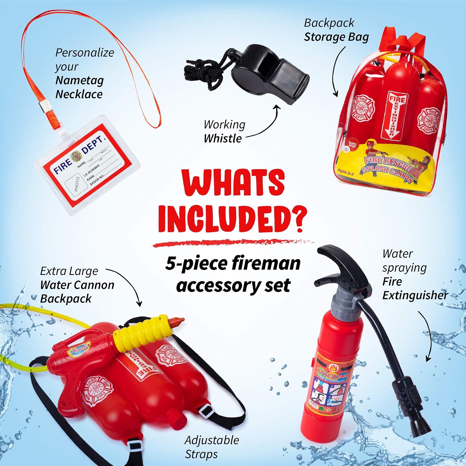 Firefighter Costume, Water Gun Backpack for Kids, 5-Piece, 3+ | Includes Toy Fire Extinguisher, Backpack Water Gun
