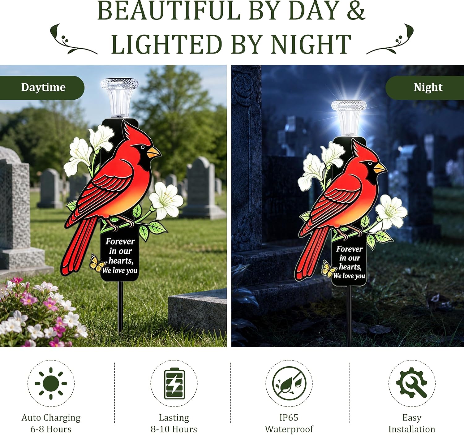 Solar Cardinal Memorial Garden Stake Light, Waterproof Red Bird Cemetery Grave Marker with LED Solar Lamp, Forever in