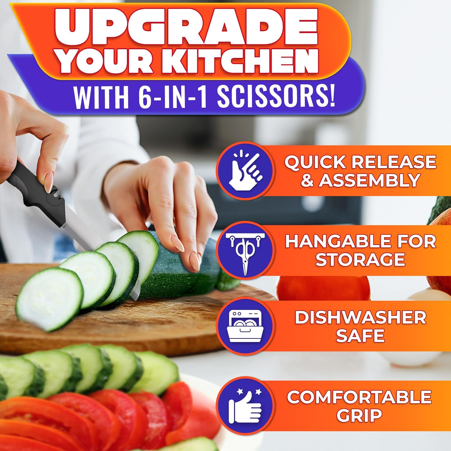 6-in-1 Cutting Board Scissors – Heavy Duty & Dishwasher-Safe Kitchen Shears with Ribbed No-Slip Blade, Spring-Assist
