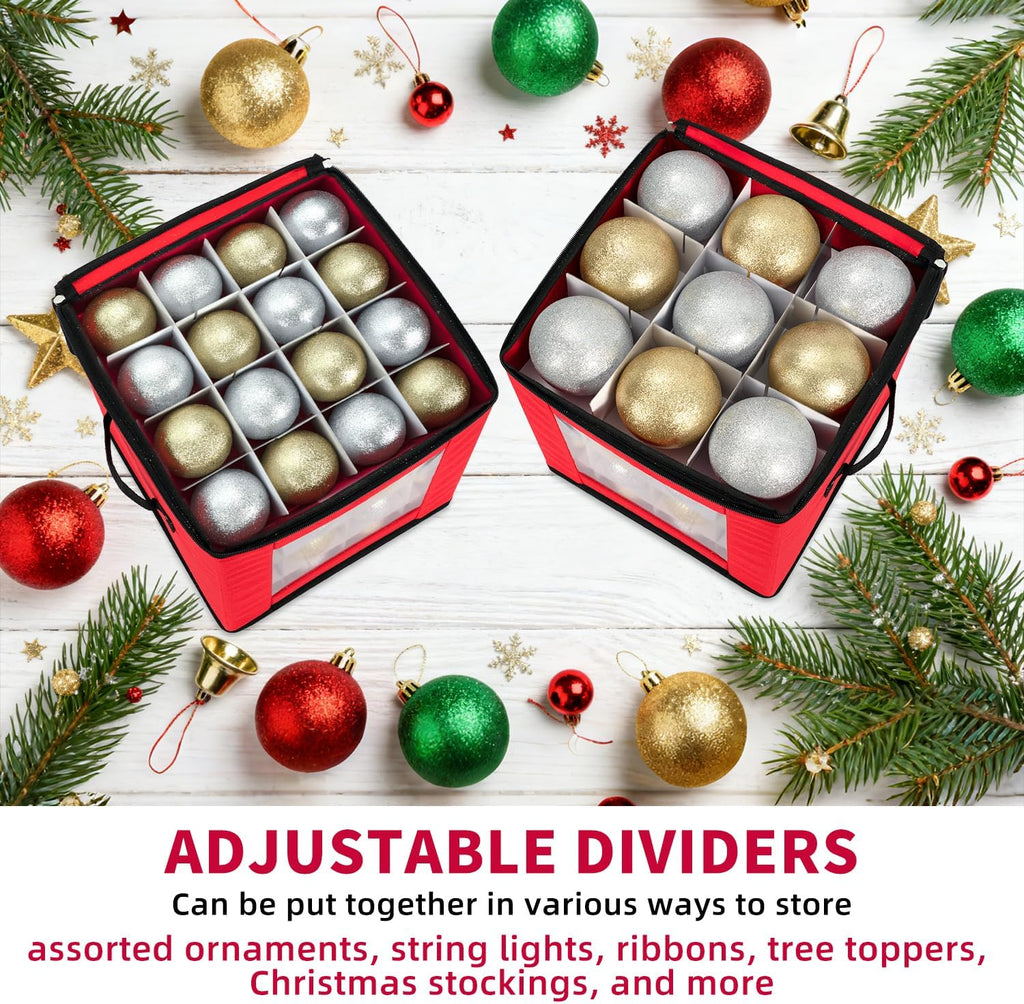Christmas Ornament Storage Box With Adjustable Dividers,Ornament Storage Container with Two Handles for 64Holiday