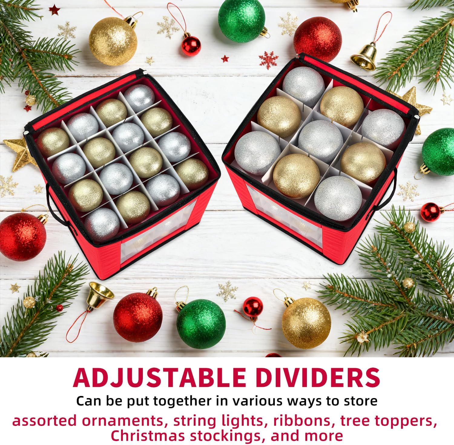 Christmas Ornament Storage Box With Adjustable Dividers,Ornament Storage Container with Two Handles for 64Holiday