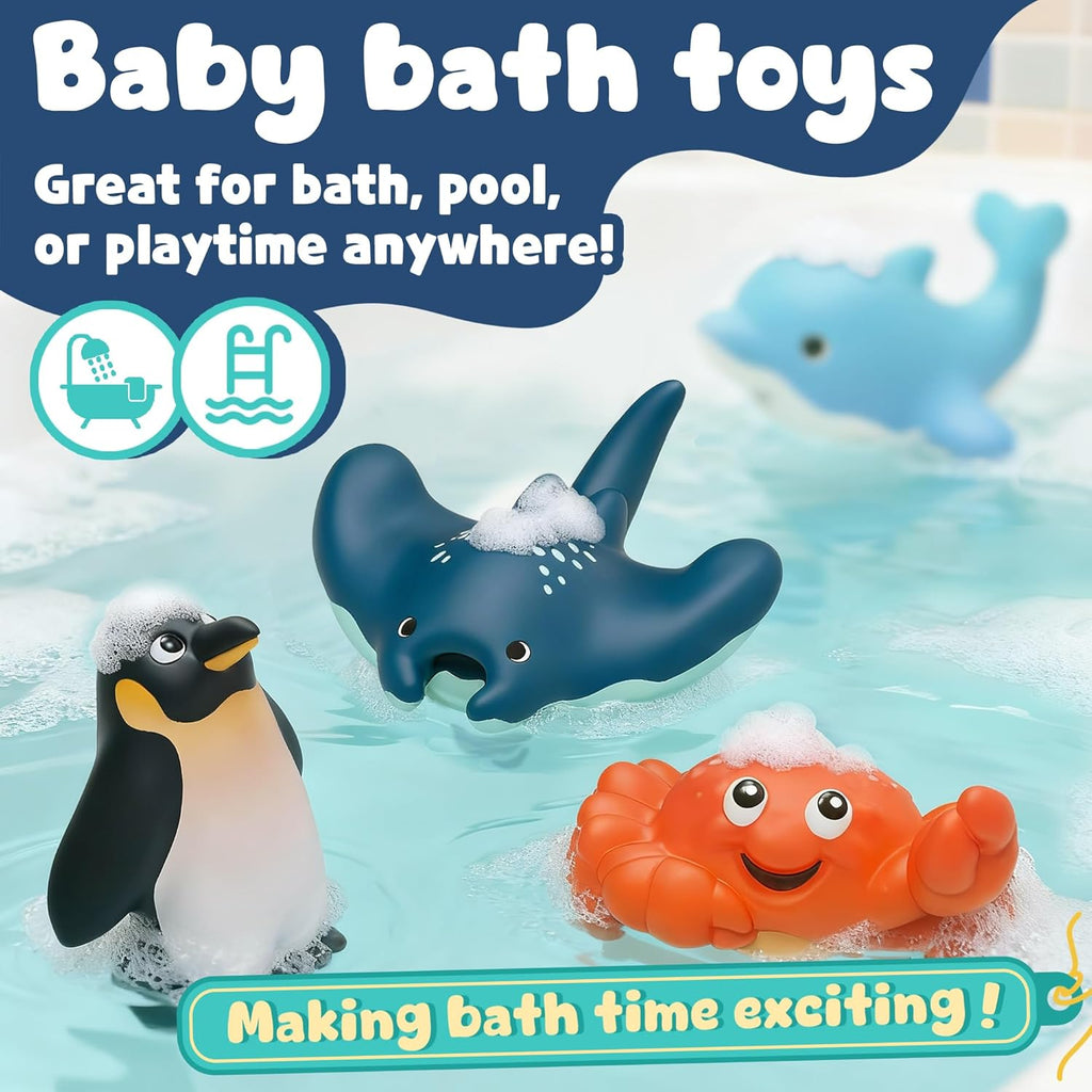6-Pcs Ocean Animal Bath Toys for Toddlers 6M+, No Hole Mold Free Bathtub Toys, Whale Shark Dolphin Penguin Sea Animal