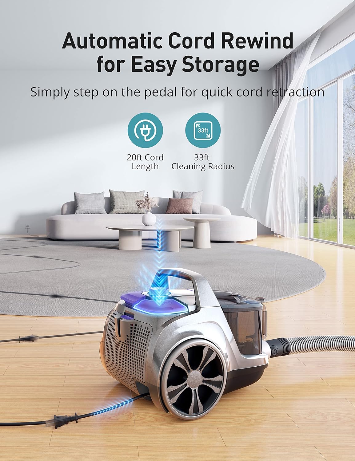40Kpa Canister Vacuum Cleaner, 1600W Bagless Canister Vacuum Cleaner with 5 Tools, Auto Cord Rewind, H13 HEPA Filter