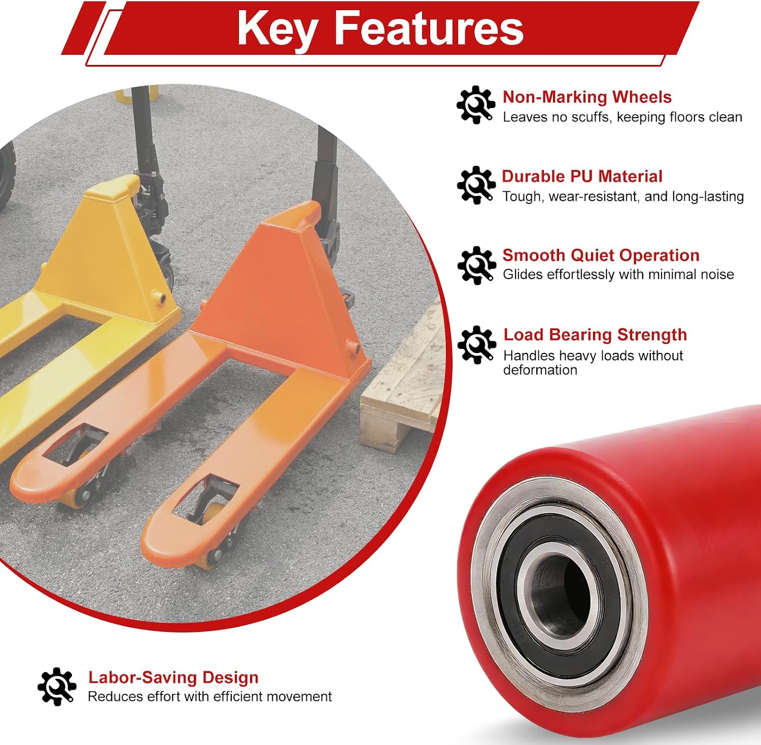 Two Packs of Pallet Jack/Truck Wheels 3” x 3.75” PU Poly Tread, 20mm ID Bearings, Full Set with Axles, Pins and Entry