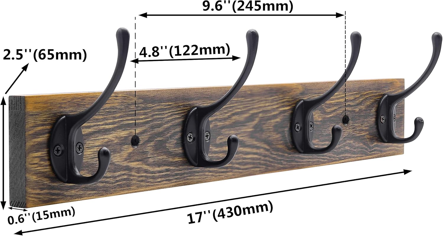 Wall Mounted Coat Rack, Entryway Hanging , Metal Wood Rack with 4 Black Literary Rustic Hooks Rail for Scarf, Bag