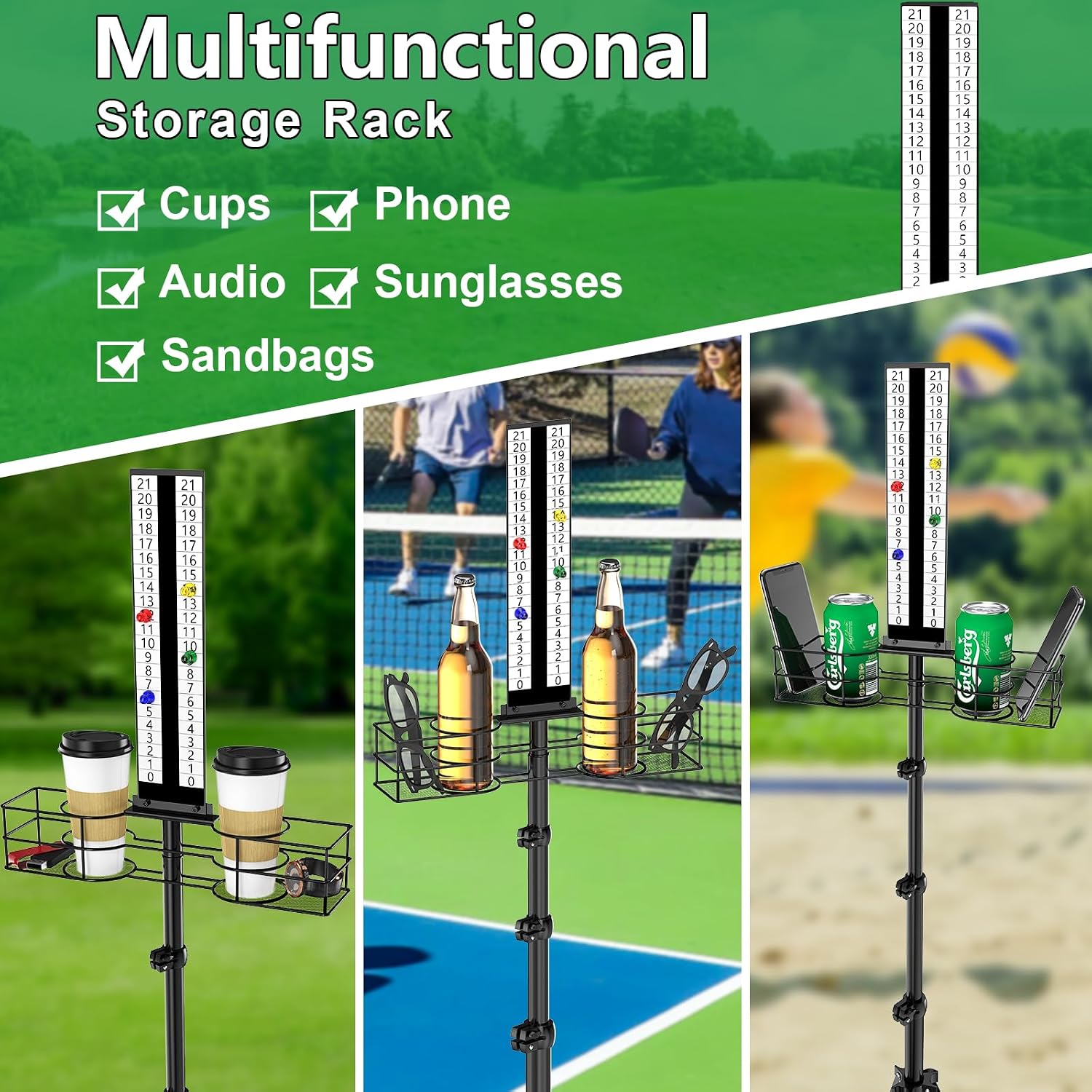 Cornhole Scoreboard with Drink Holder, Height Adjustable Foldable Cornhole Score Keeper with Storage Rack Includes 4