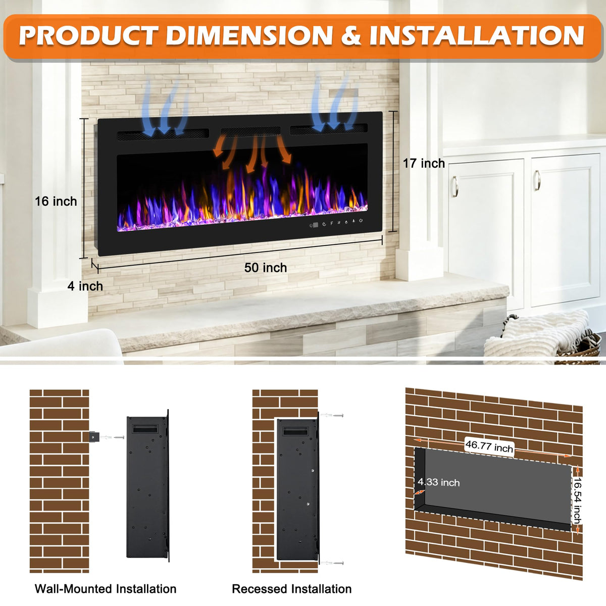 50" Electric Fireplace Wall Mounted and Recessed 750/1500w W/Remote Control