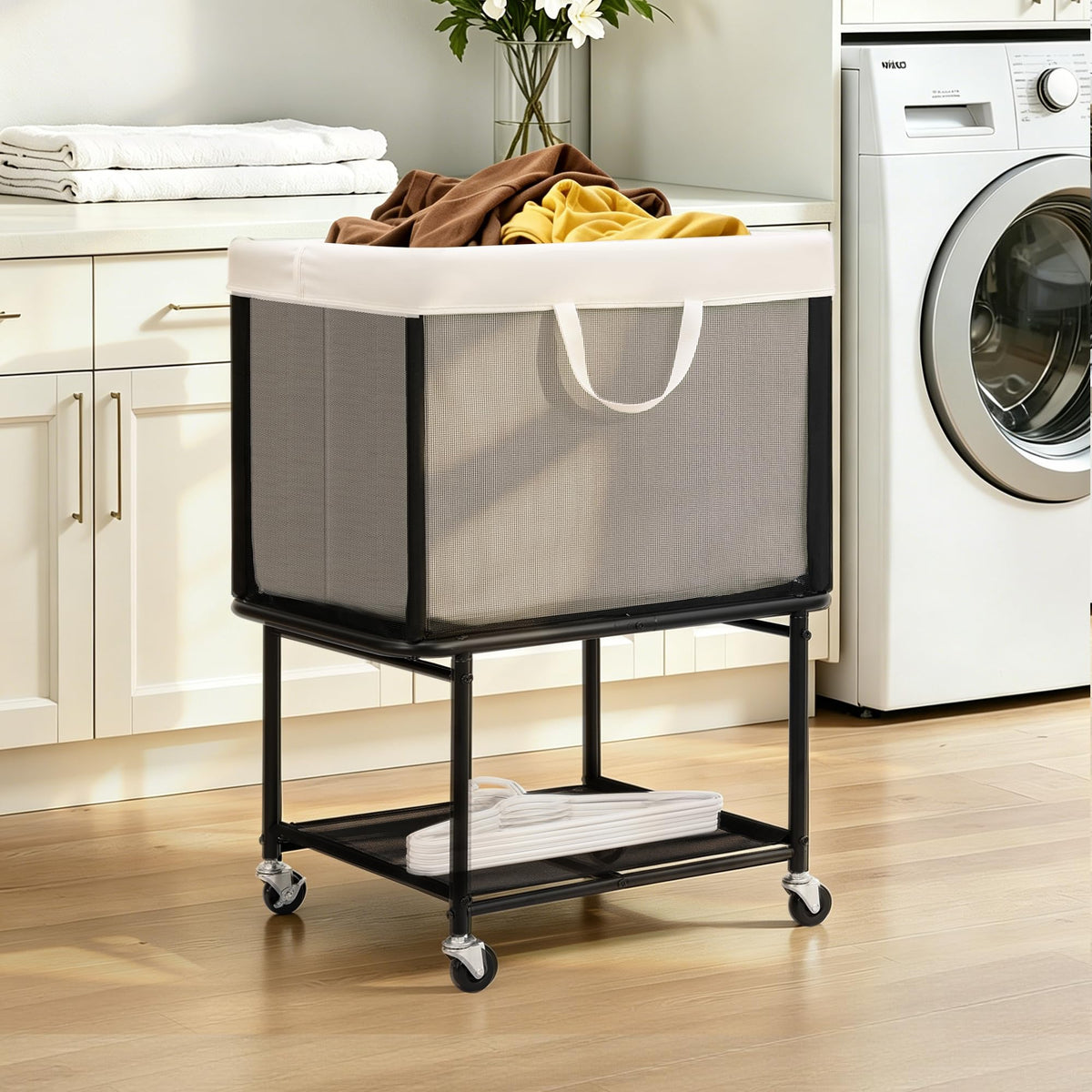 Rolling Laundry Hamper with Lockable Wheels, 29-Gallon (110L) Laundry Cart with Removable Canvas Bag, 2-Tier Clothes