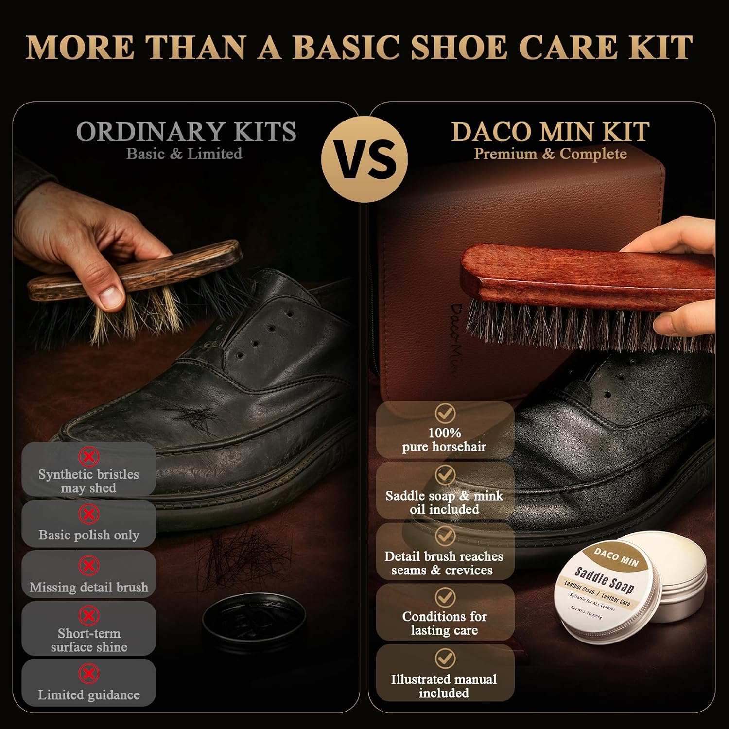 13-Pcs Complete Shoe Shine Kit & Leather Boot Care and Cleaning Kit - 100% Horsehair Brushes, Mink Oil, Saddle Soap