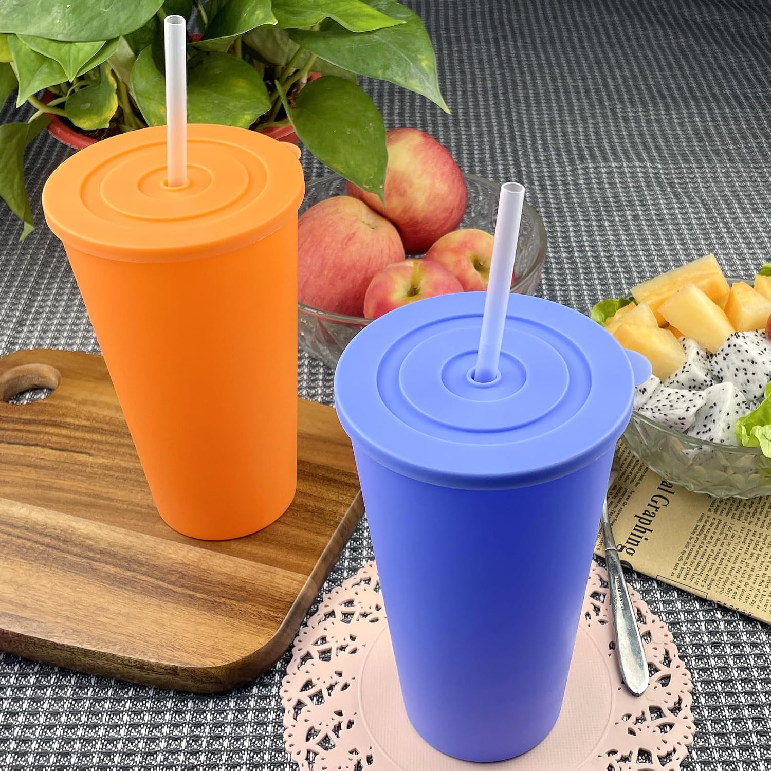 24 oz Cup with Lid Straw set of 8, Reusable Plastic Tumbler Vibrant | Coffee, BPA Free, Food Grade PP, Leak-Proof