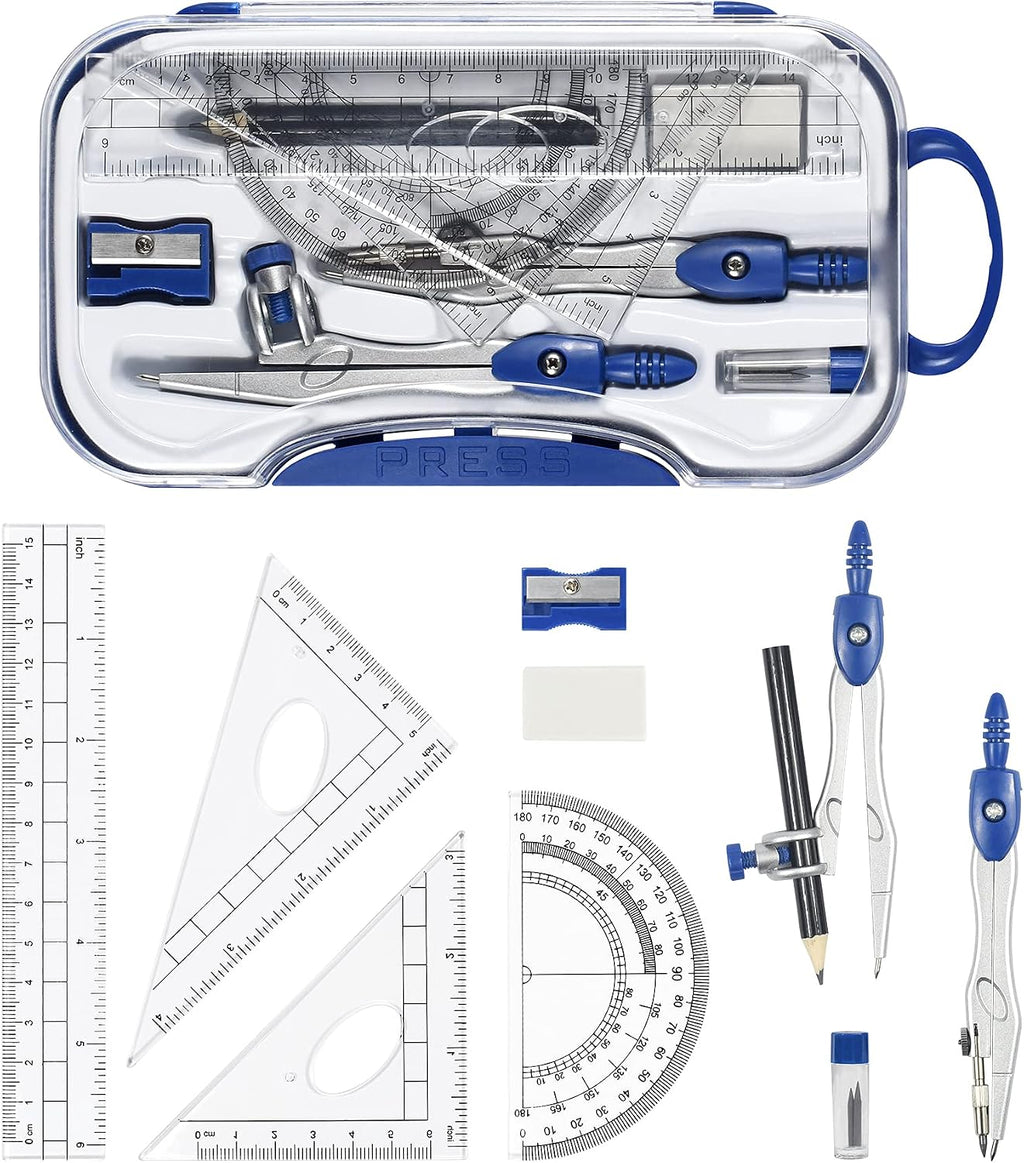 Geometry Set 10 Pcs Student Supplies,Protractor and Compass,Navy Blue | Shatterproof Storage