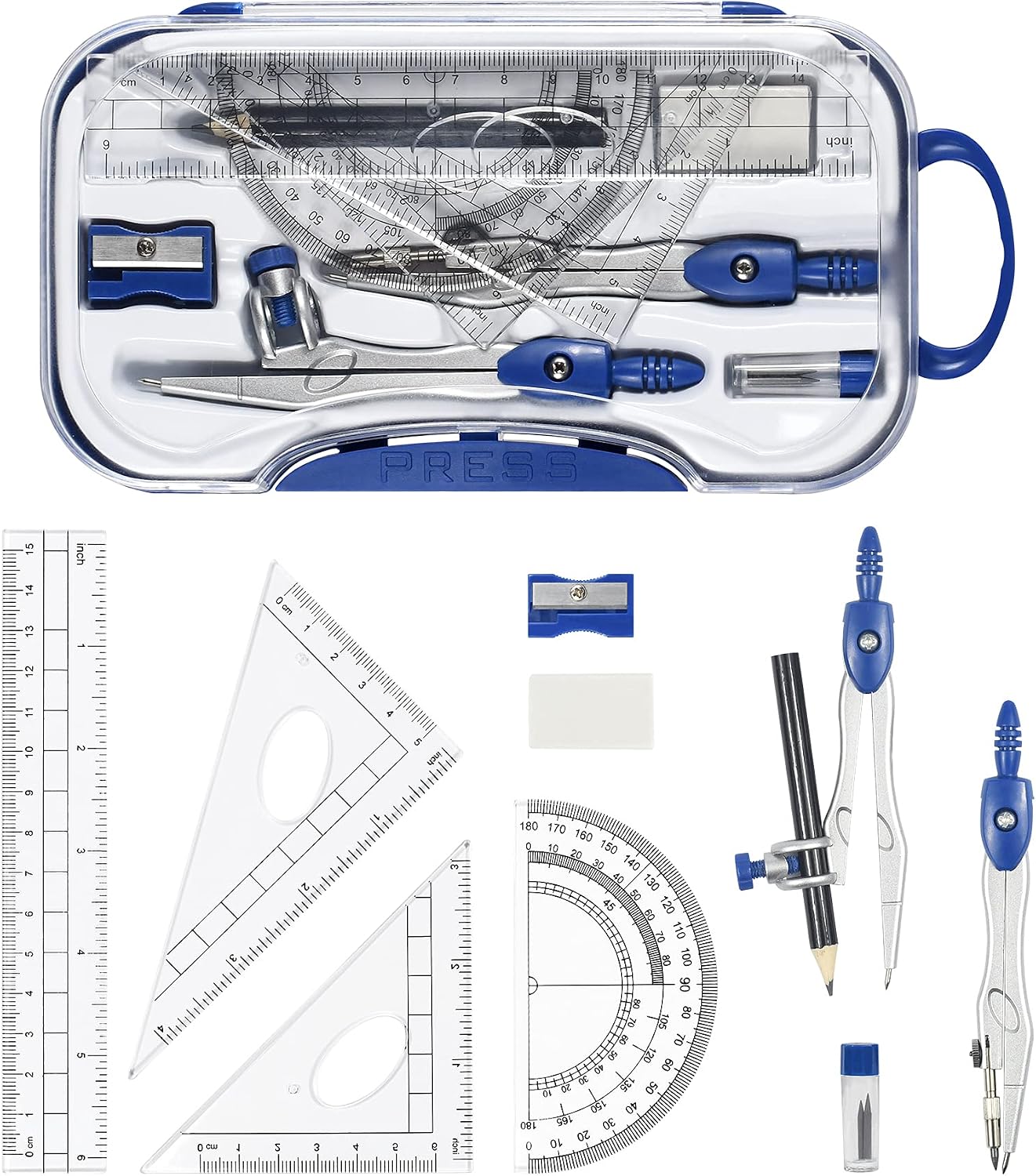 Geometry Set 10 Pcs Student Supplies,Protractor and Compass,Navy Blue | Shatterproof Storage