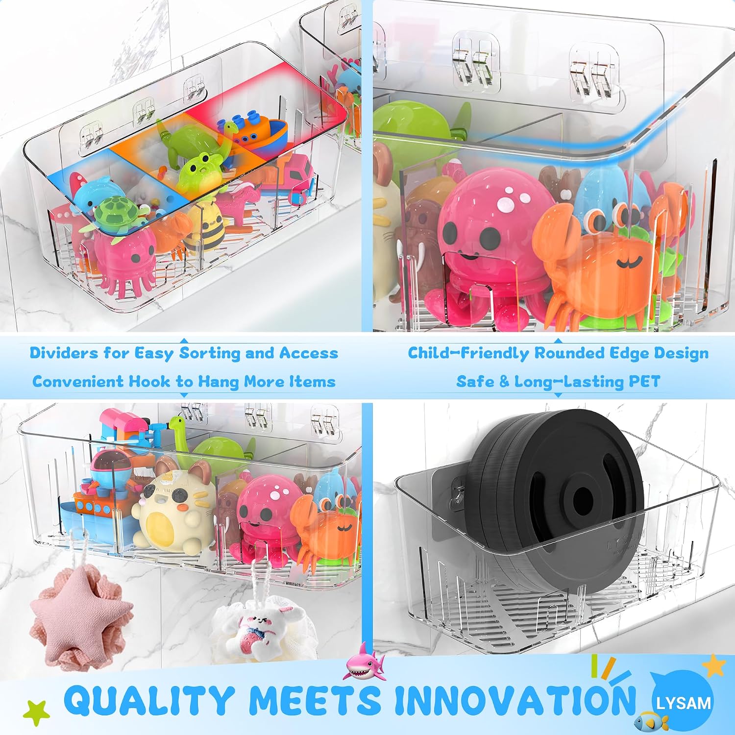 Bath Toy Storage 2 Packs, Large Bath Toy Holder - 3 Compartments, Quick-Dry | BPA-Free Bathtub Toy Organizer
