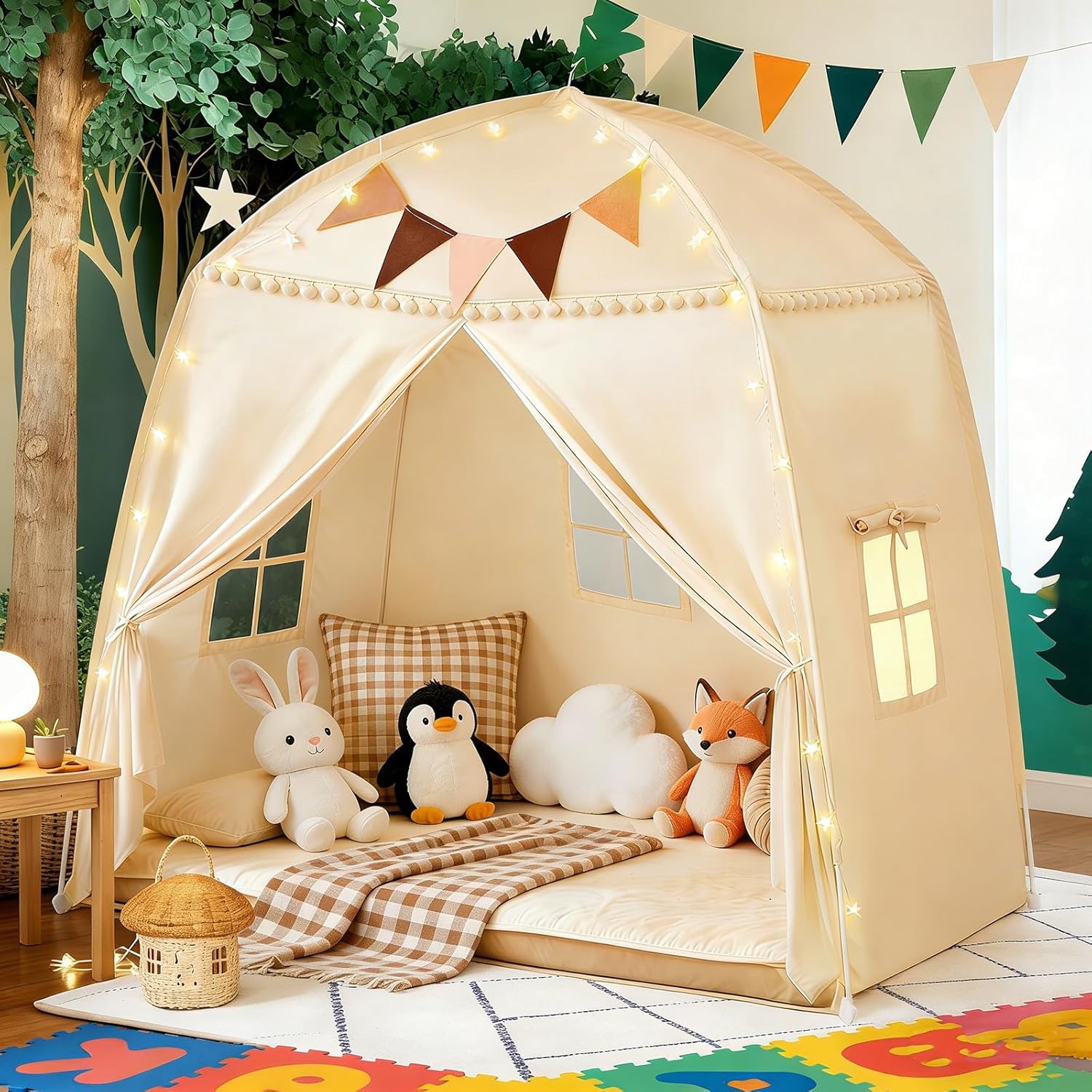 Large Teepee Tent for Kids: with Star Lights & Flags - 3-Window Cone Ball Playhouse for Indoor & Outdoor - Portable &