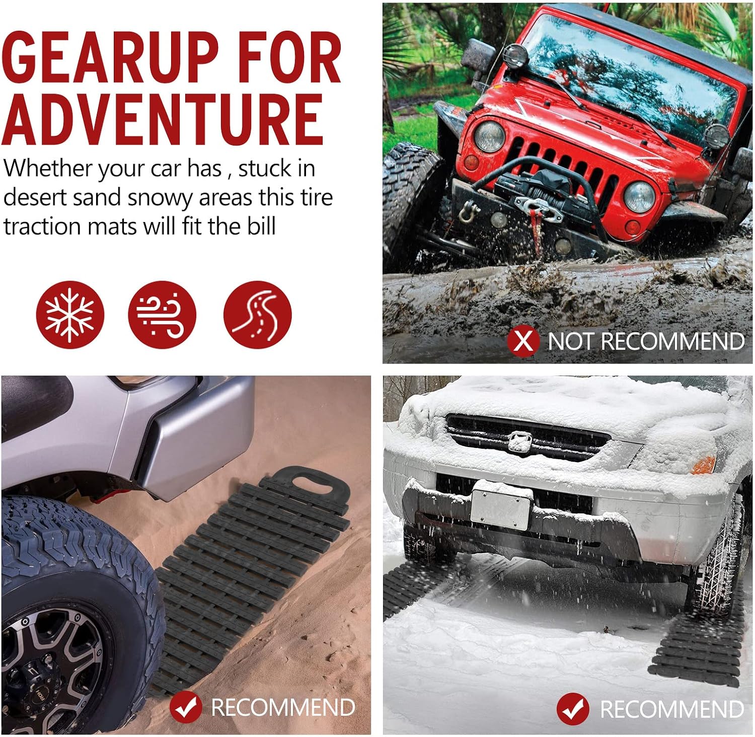 Tire Traction Mats Portable Recovery Tracks for Off Road 4X4 Snow, Ice, Sand,Emergency Devices with Bag Gloves for