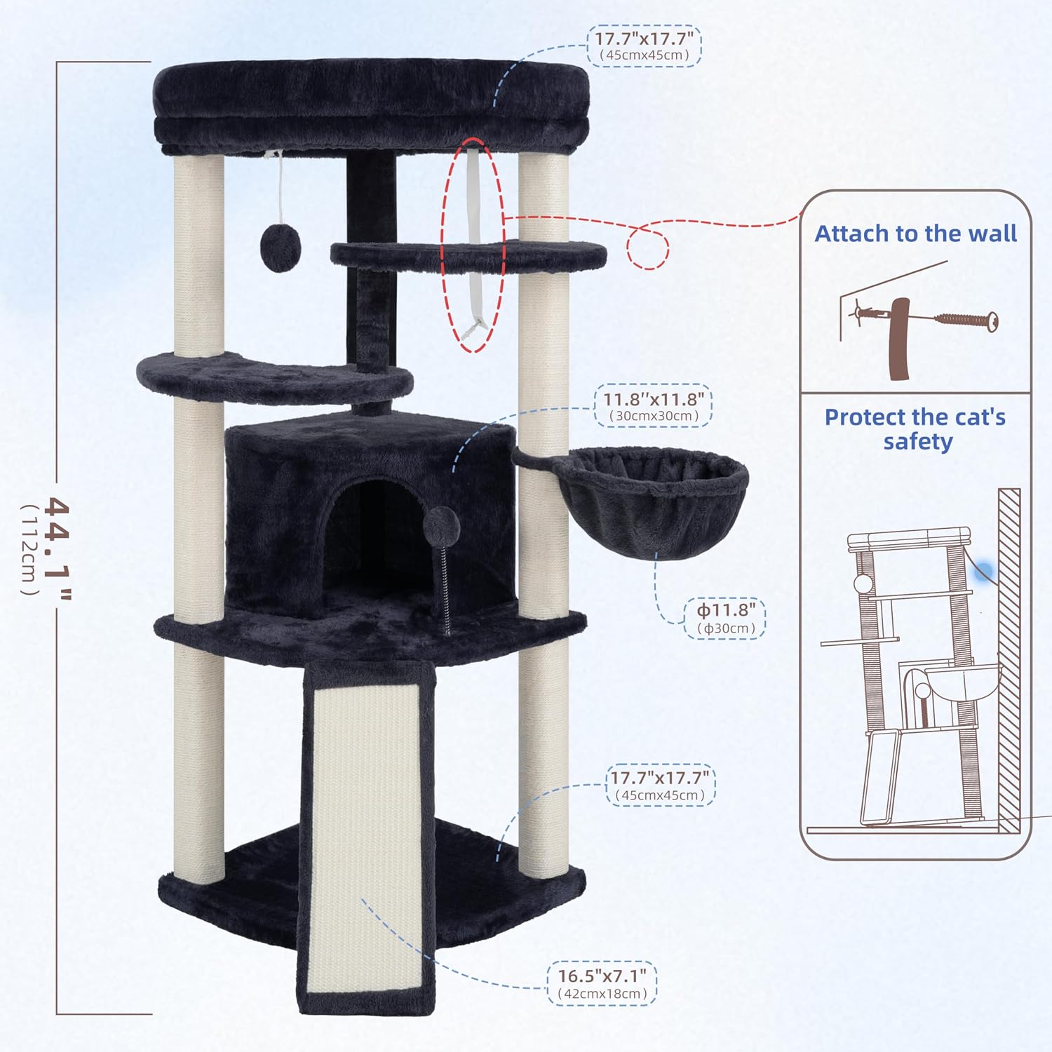 Corner Cat Tree for Indoor Cats, Cat Tower with All Sisal Scratching Posts, Multi-Level Cat Condo wth Cat Cave, Large