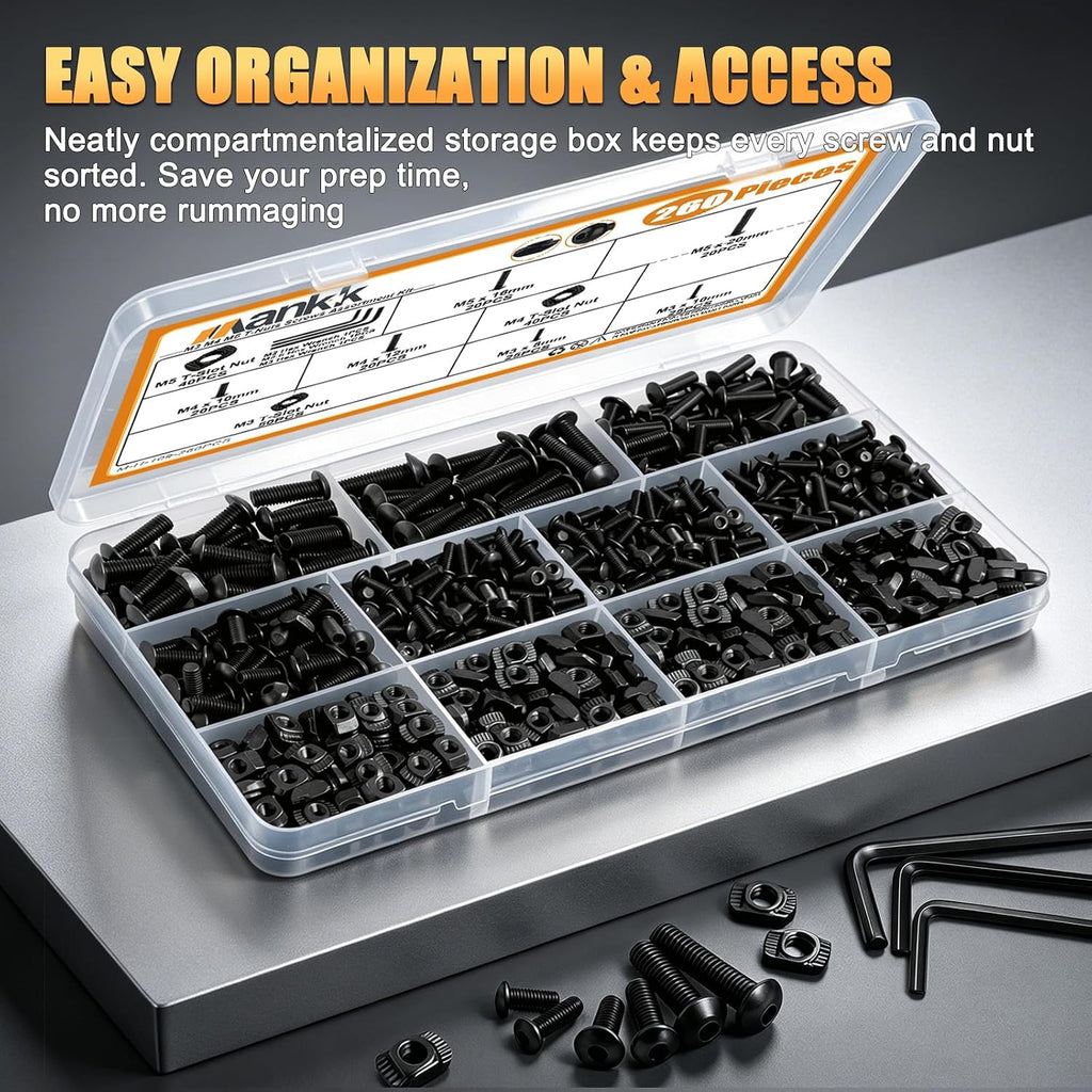 260PCS M3 M4 M5 T-Nuts Screws Assortment Kit 10.9 Grade Alloy Steel Metric Hex Button Head Cap Screws for