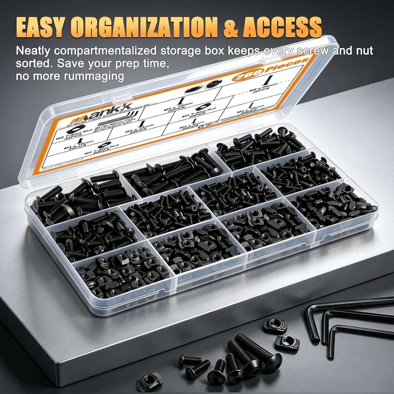 260PCS M3 M4 M5 T-Nuts Screws Assortment Kit 10.9 Grade Alloy Steel Metric Hex Button Head Cap Screws for