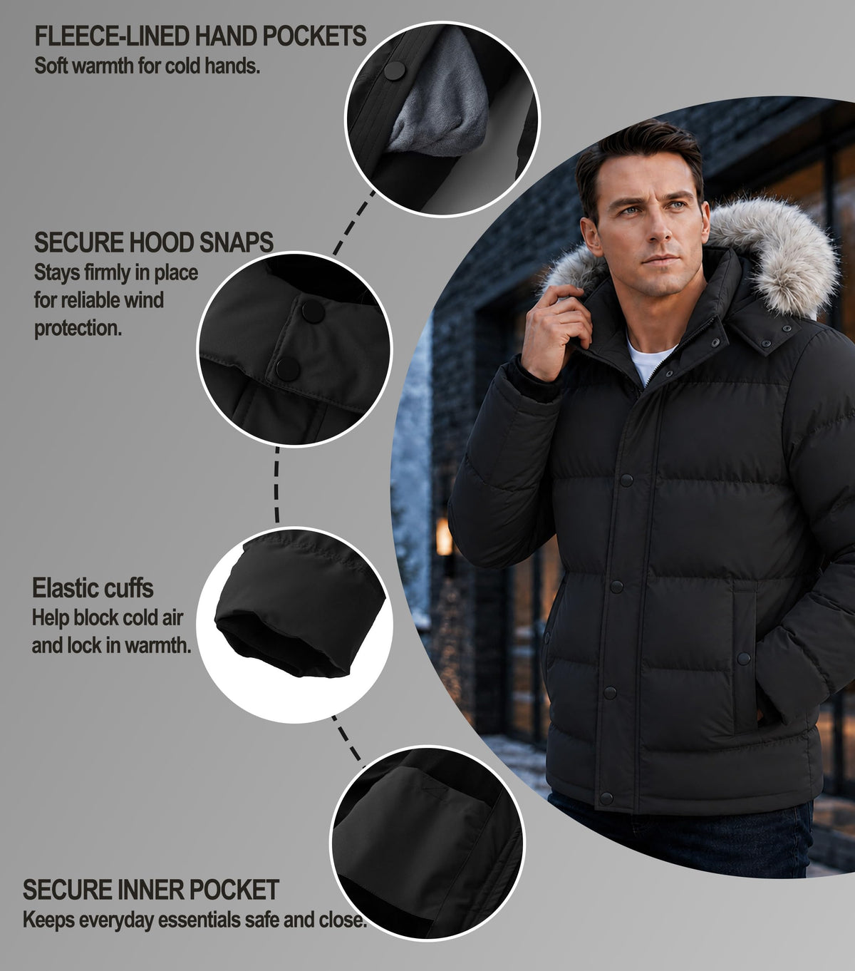 Men's Warm Hooded Thick Quilted Puffer Jacket-Black Large