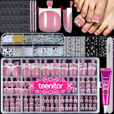 Square Toe Nail Press Ons, 150pcs French Tip Press on Toenails with Nail Glue, Thick Toe Press on Nails Fake Toe