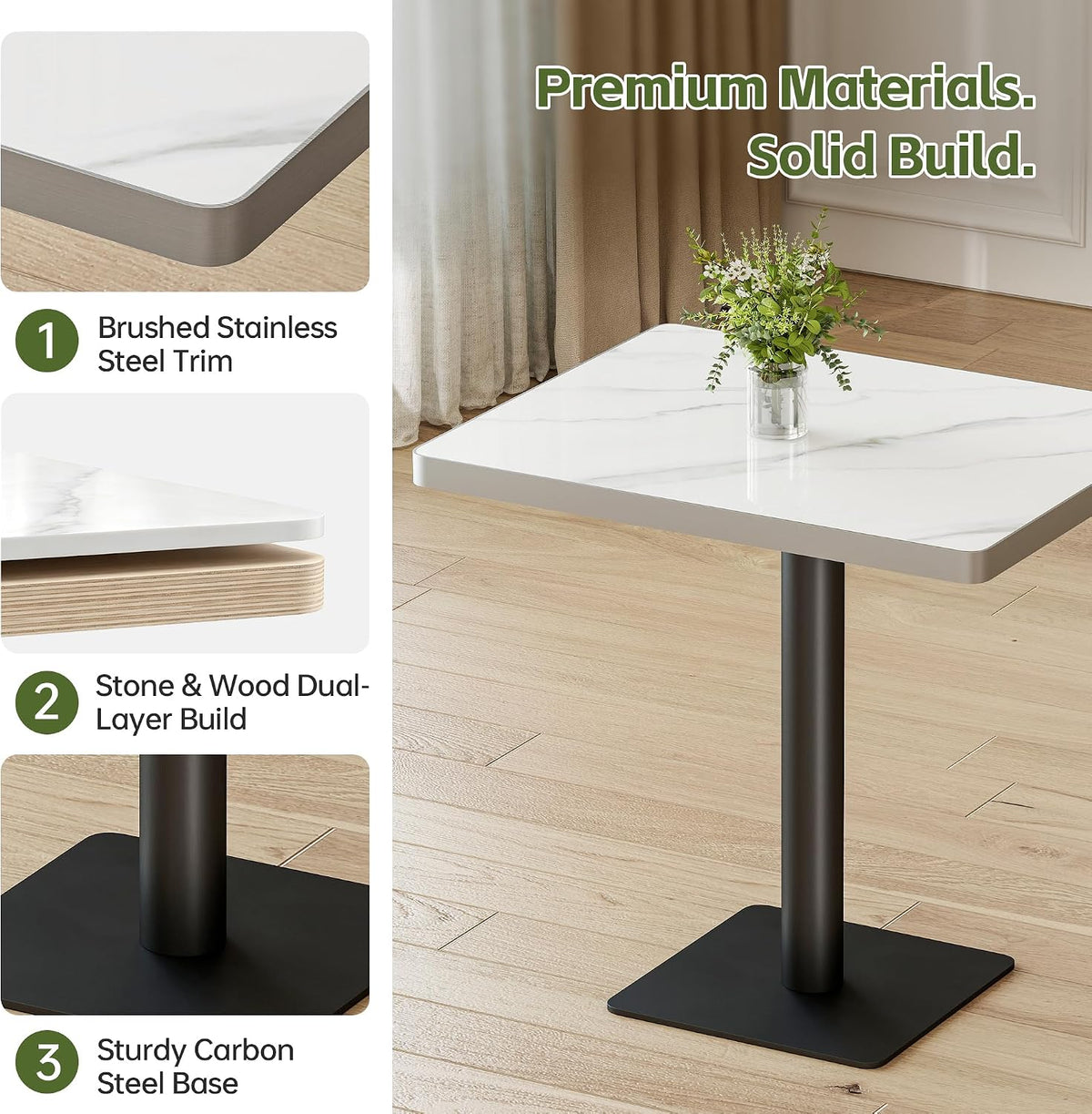 Sintered Stone Square Dining Table for 4, 30 Inch White Marble Kitchen Table, Waterproof Heat Resistant with Black