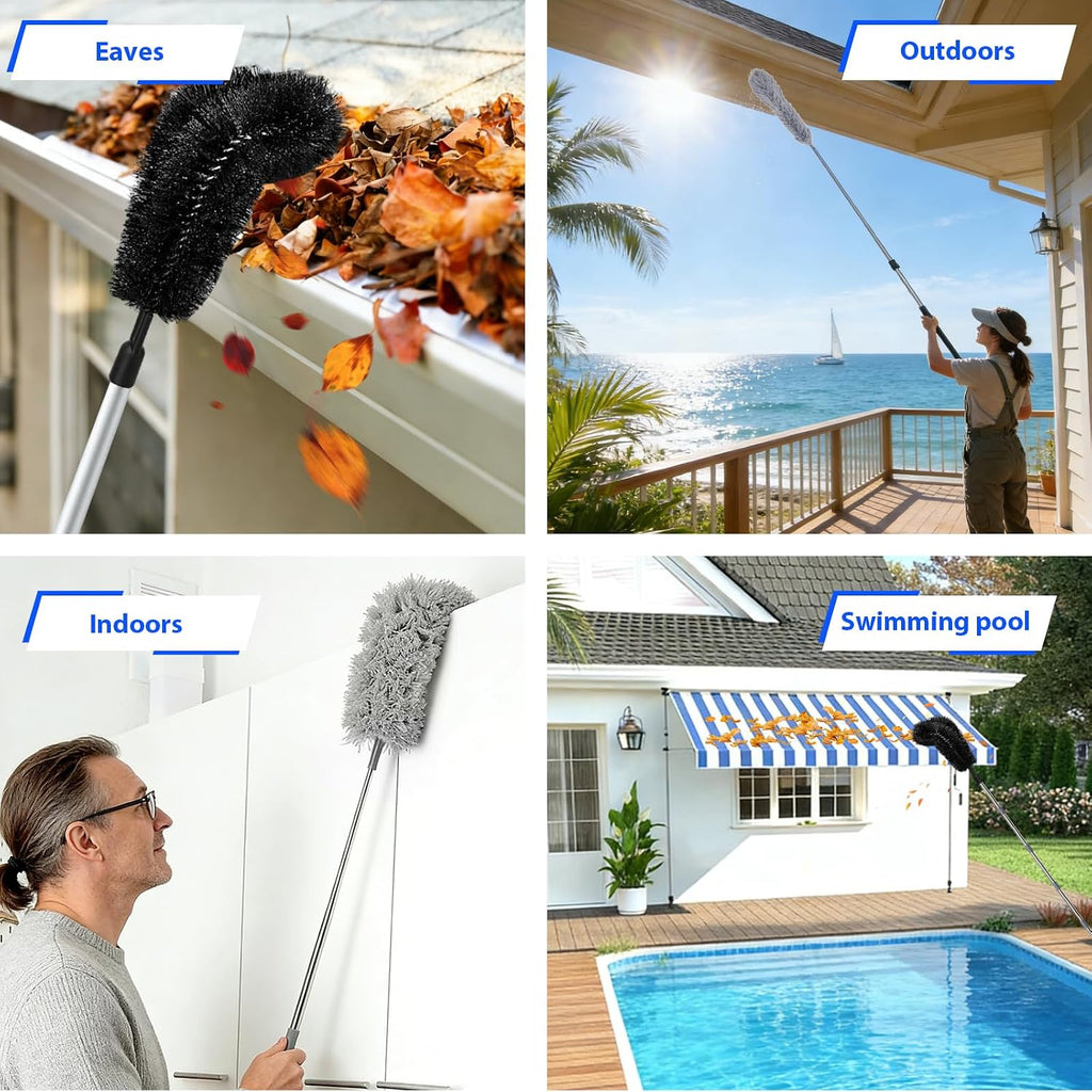 12.6 FT Telescopic Gutter Cleaning Tool from The Ground, 10-Section Adjustable Length with Two Different Brushes for