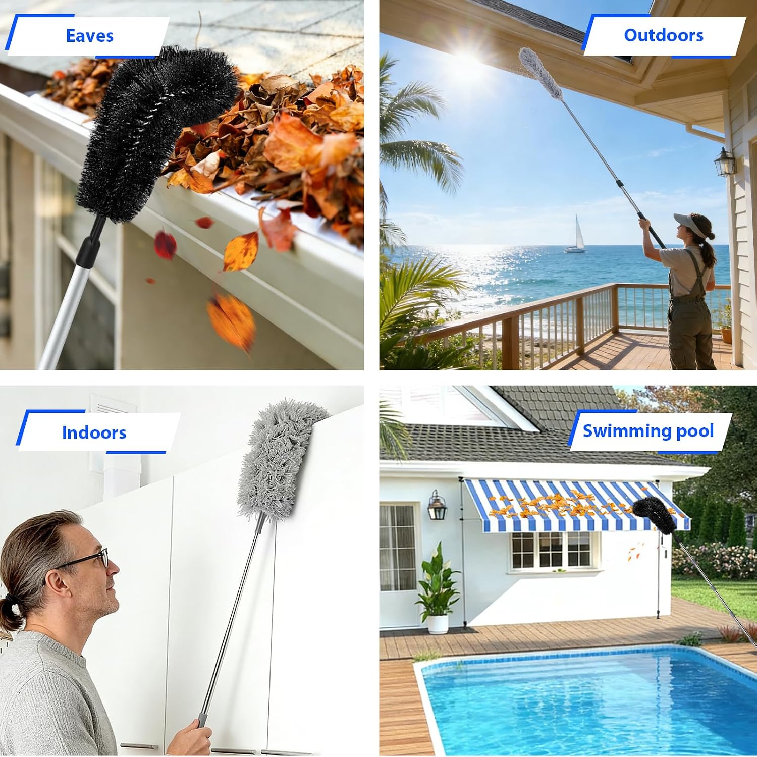 12.6 FT Telescopic Gutter Cleaning Tool from The Ground, 10-Section Adjustable Length with Two Different Brushes for