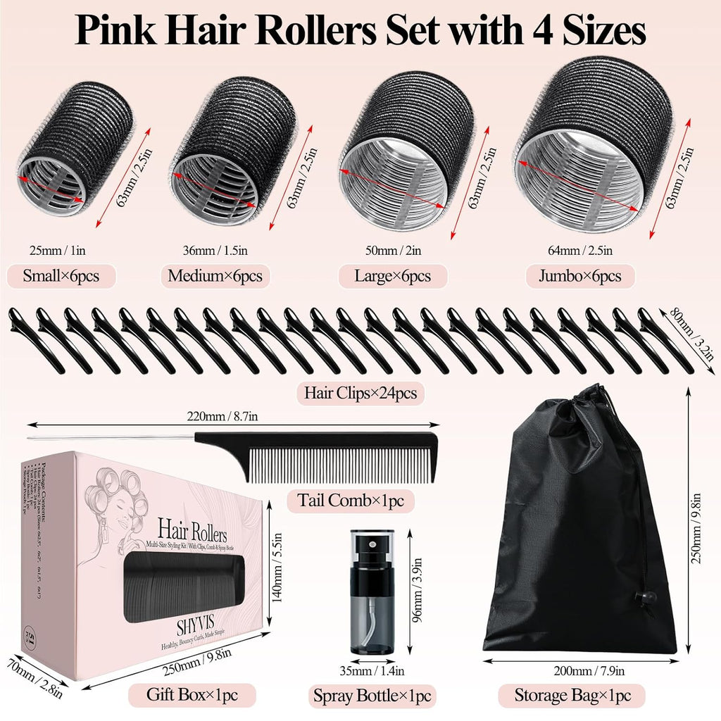 Self Grip Hair Rollers Set, 24 Piece Heatless Curlers with Clips, 4 Sizes Jumbo Rollers (2.5", 2", 1.5", 1") for