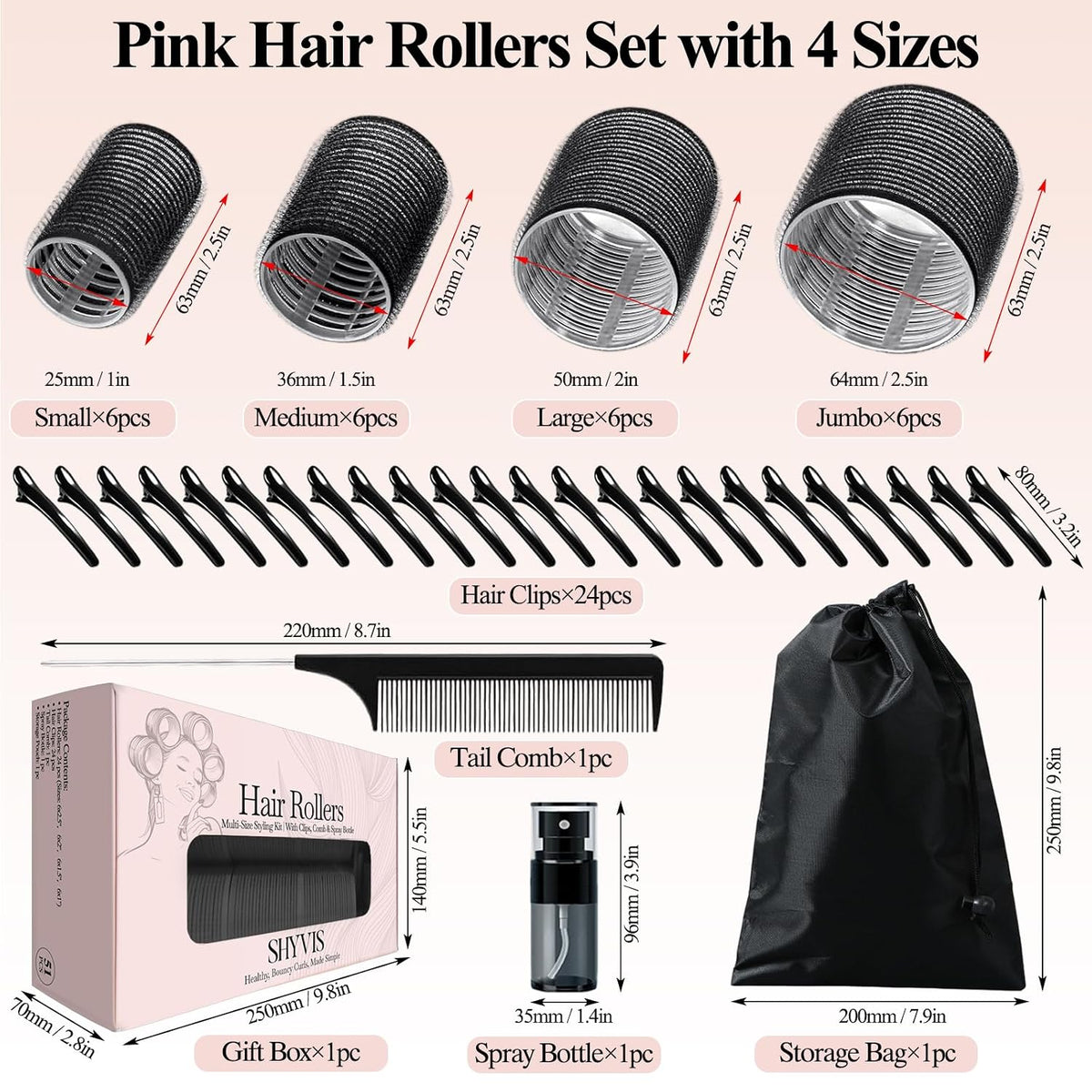 Self Grip Hair Rollers Set, 24 Piece Heatless Curlers with Clips, 4 Sizes Jumbo Rollers (2.5", 2", 1.5", 1") for