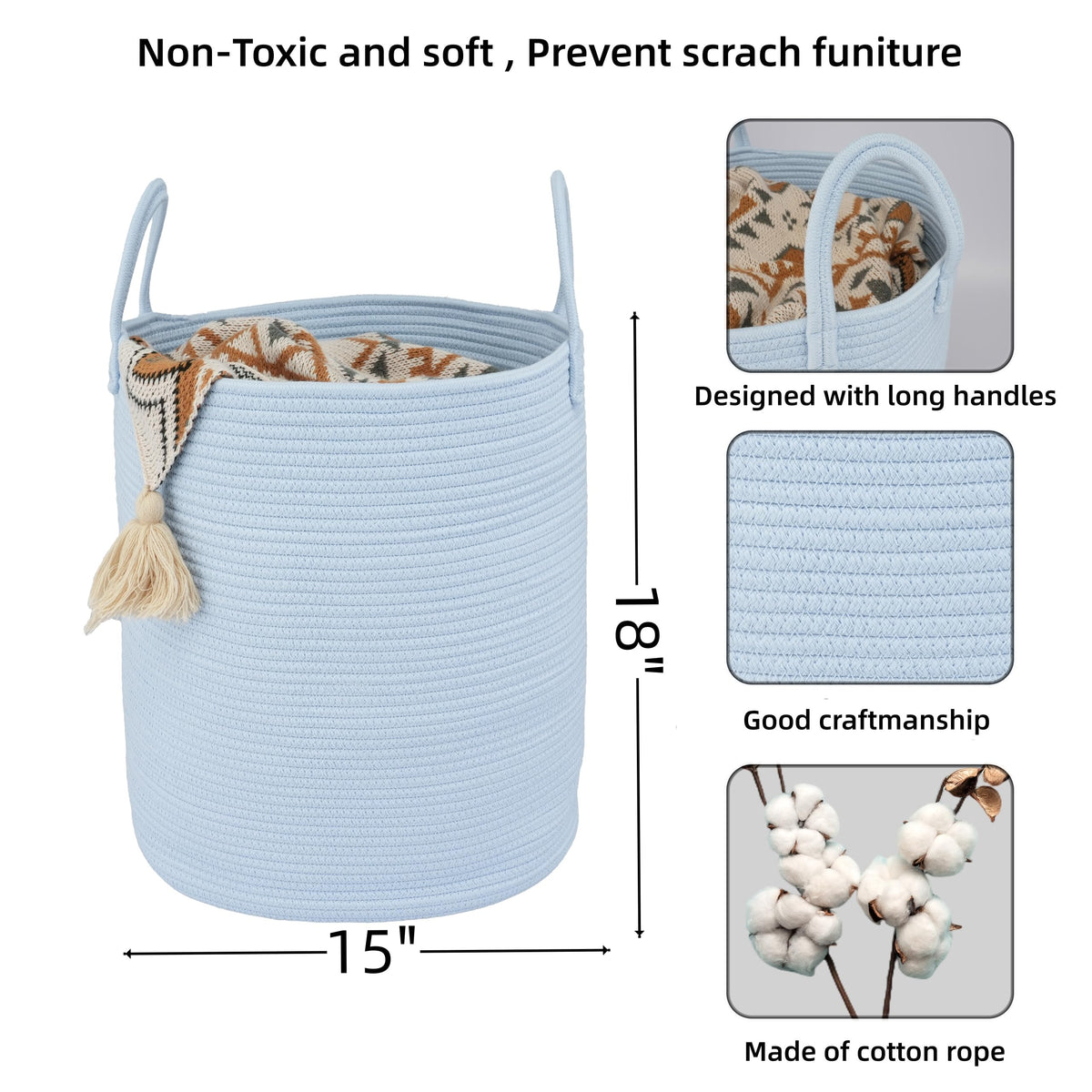 Cotton Rope Laundry Basket Hamper for Clothes, light blue