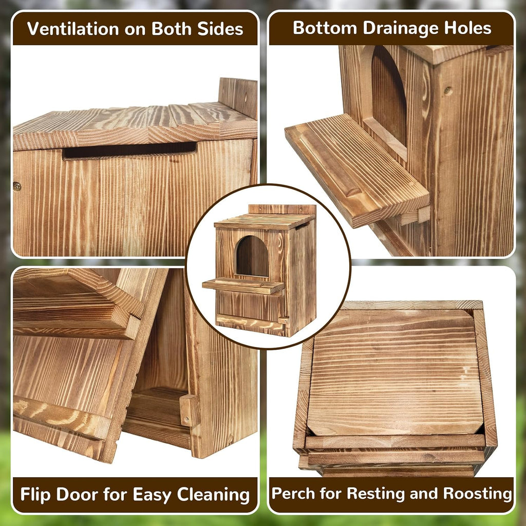 Large Owl House with Wood Shavings, Carbonized Pine Wood Nesting Box