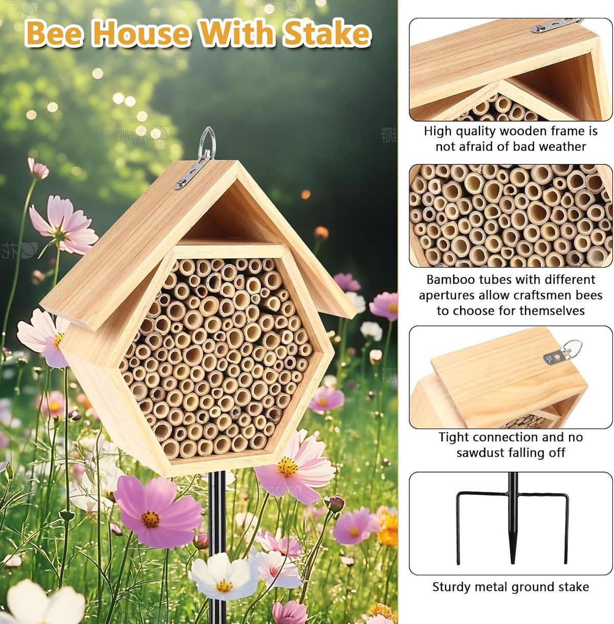 Mason Bee House for Garden,Natural Wooden Bee Hive with Metal Ground Stake