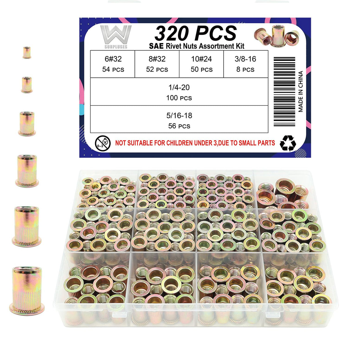 320Pcs SAE Rivet Nut Kit, SAE Nutsert Rivnut Kit,Threaded Inserts for Metal