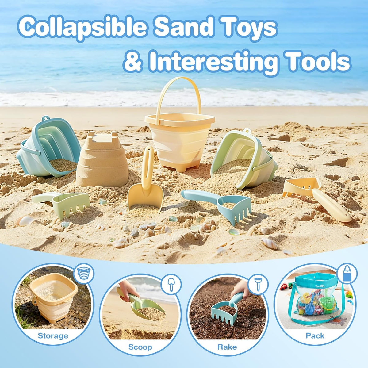 Beach Toys, 3 Pack Collapsible Sand Buckets for Kids, Shovels & Rakes Set with Mesh Bag, Kids Beach Essentials