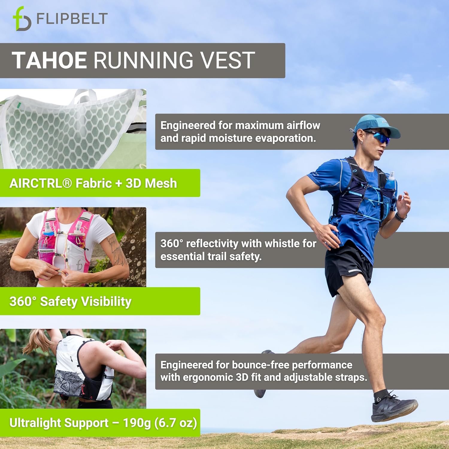 Tahoe Hydration Vest – Ultralight Running Vest for Men & Women – Includes Two 500ml Soft Flasks – Trail, Marathon